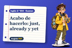 Examen de just, already y yet (2.º ESO) con Leo, el viajero de Anglais PDF