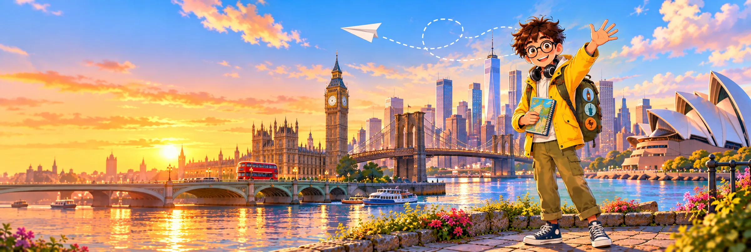 Le voyageur d'Anglais PDF salue devant Londres, New York et Sydney au coucher du soleil