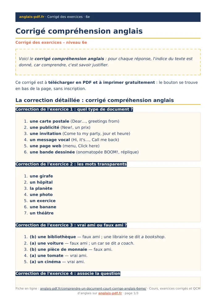 Fiche PDF : Corrigé compréhension anglais (6e)